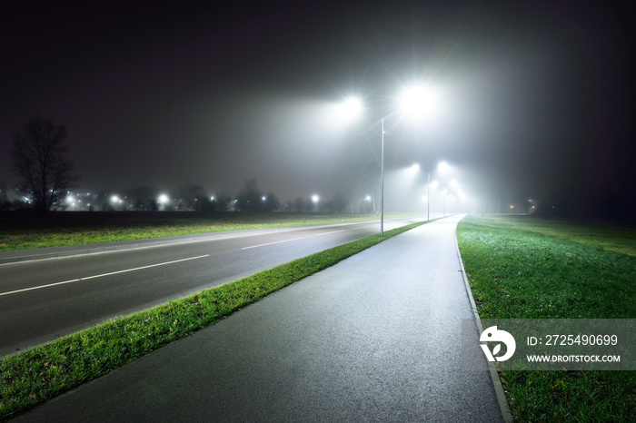 夜间雾中高速公路附近一条空荡荡的自行车道。灯笼特写。运输