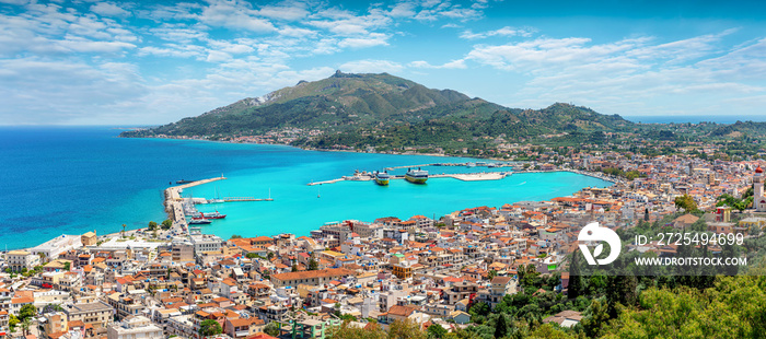 Panoramic view to the town of Zakynthos island, with venetian architecture and turquoise sea in the 