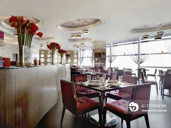 Interior of dining area in luxury hotel