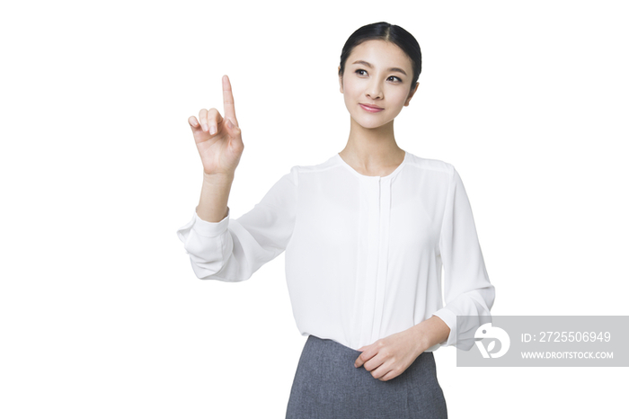 年轻女子用手指点触摸屏