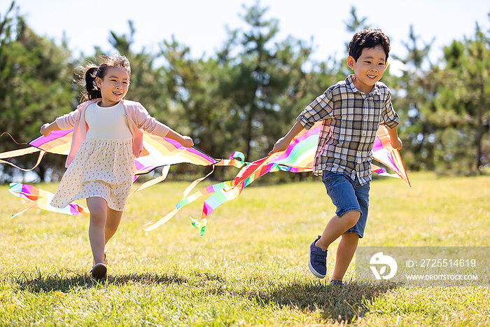 快乐的孩子们在草地上放风筝