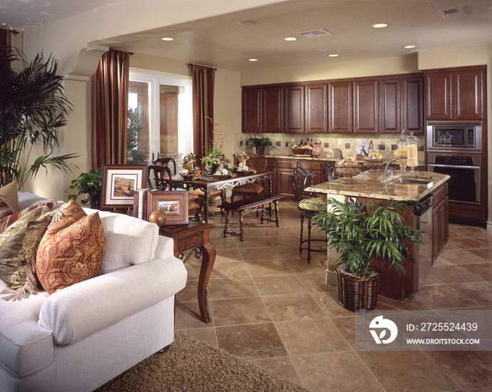 Open plan of living room with dining and kitchen area in contemporary house