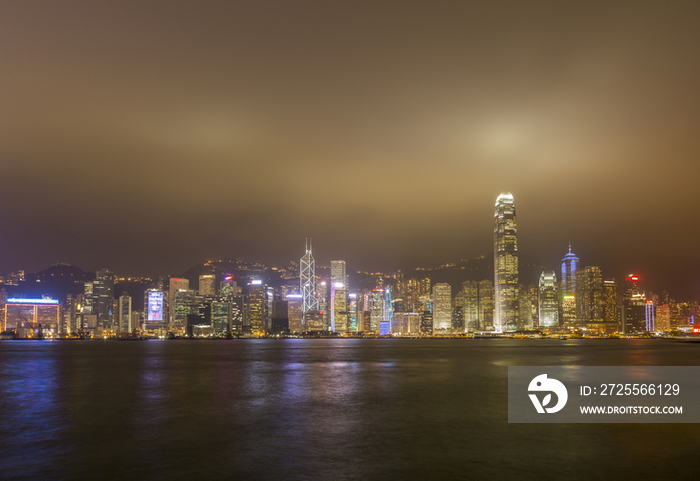 Illuminated high-rise buildings in Hong Kong at night
