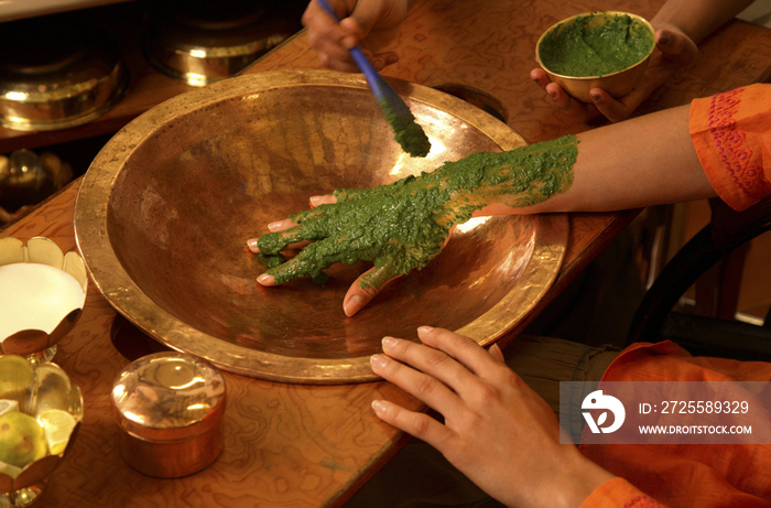 Neem Paste Hand Treatment at Indus Valley Ayurvedic Center in Mysore, India