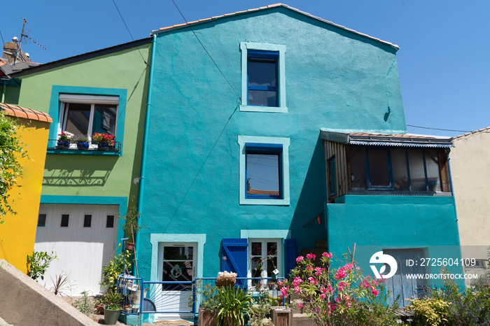 Trentemoult village colorful green blue house in west France near Nantes