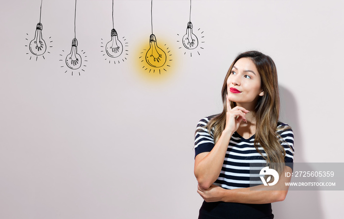 Idea light bulbs with young businesswoman in a thoughtful face