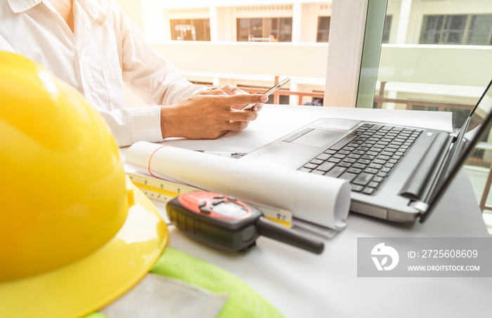 Business man contractor working meeting in the office construction site on their architect project.