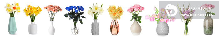 Set of beautiful bouquets of flowers in vases on white background