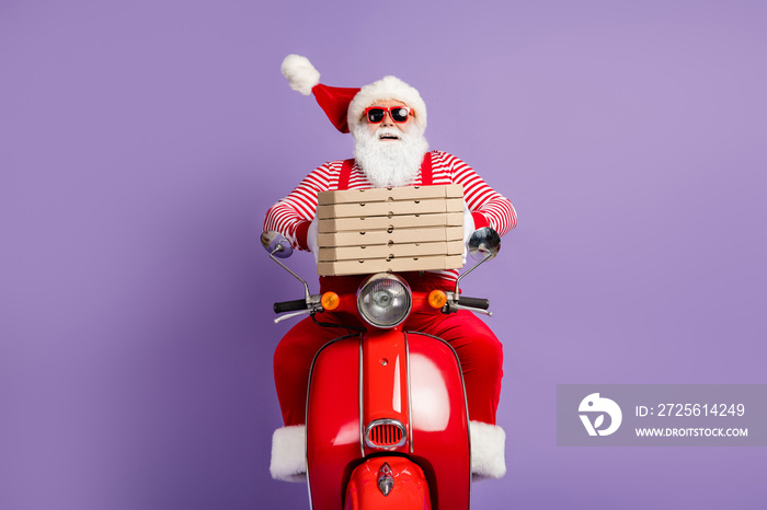 Photo of funny santa claus ride fast moped hold pizza boxes wear x-mas costume striped shirt cap gla