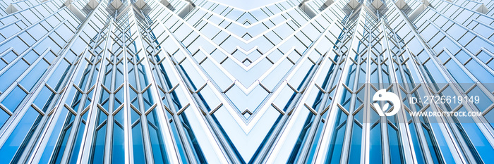 underside panoramic and perspective view to steel blue glass high rise building skyscrapers, busines