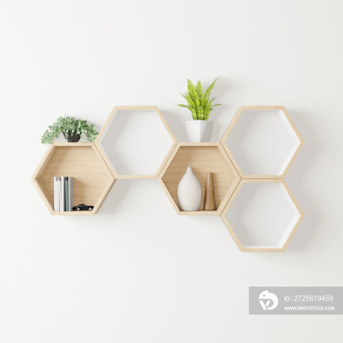 wooden Hexagon shelf little tree, books ,decoration copy space, mock up, hexegon