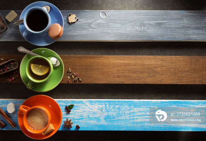 cup of coffee and tea on wood