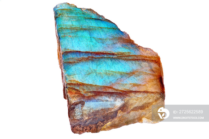 来自马达加斯加的令人惊叹的彩色彩虹蓝色拉布拉多陨石。白色极光石矿物特写
