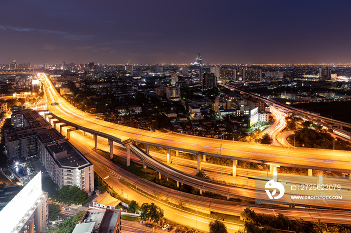 Expressway arial view during night with light trail, Bang Na, Bangkok Thailand