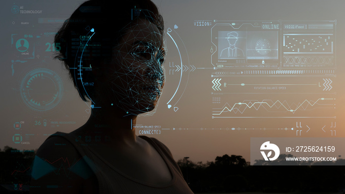 具有人脸识别和3D扫描界面的人脸识别系统概念。