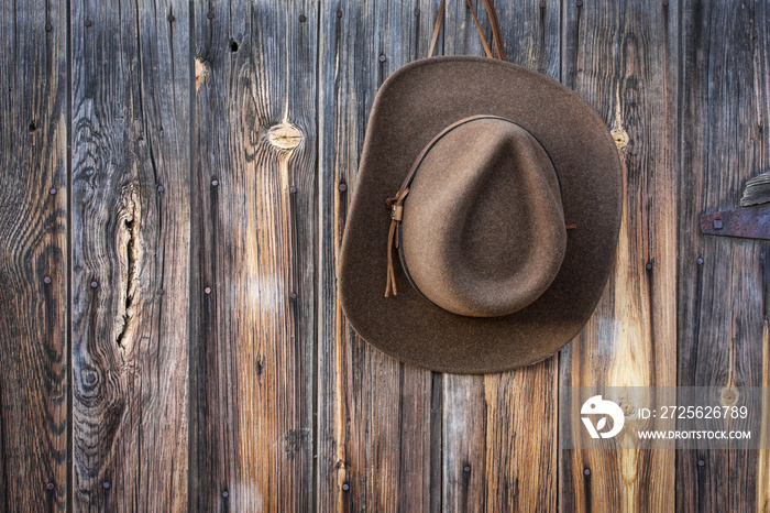 felt cowboy hat hanging on barn wall