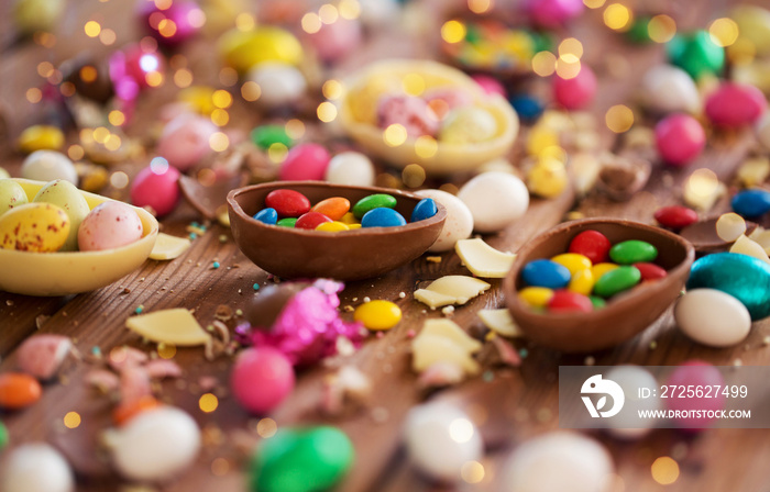 easter, sweets and confectionery concept - close up of chocolate eggs and candy drops on wooden tabl