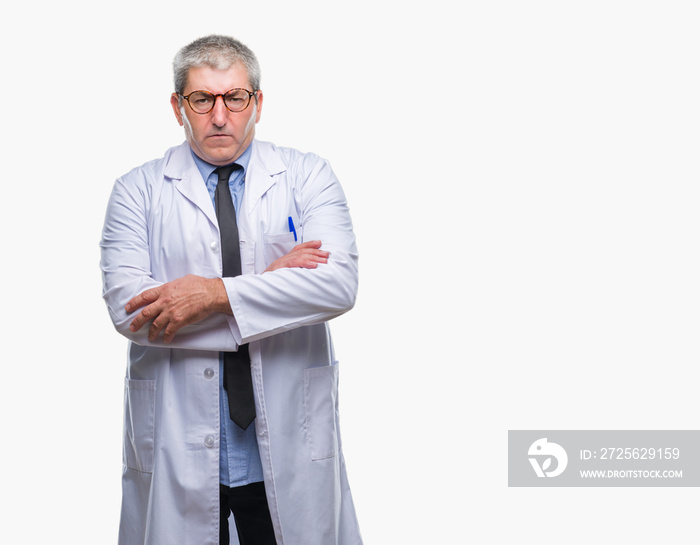 Handsome senior doctor, scientist professional man wearing white coat over isolated background skept