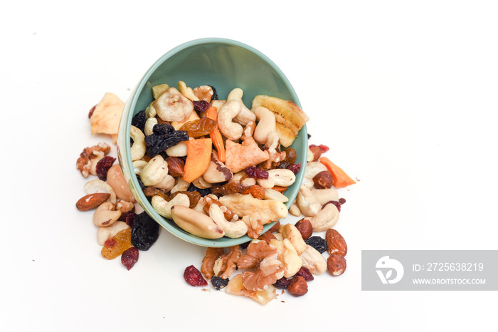 Healthy snack food trail mix of mixed nuts and dried fruits