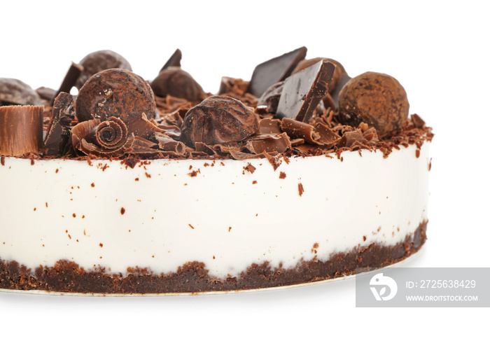 Tasty chocolate cheesecake on white background