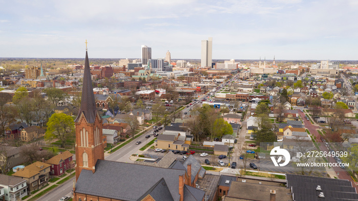 Aerial View Over The Urban City Center Skyline in Fort Wayne Indiana