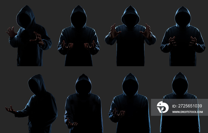 Group of character man in blue hood cloth in multiple actions with dark light isolated on gray backg