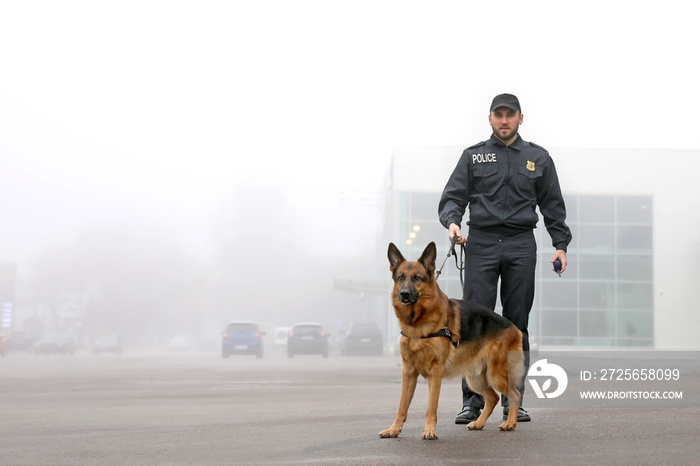 Male police officer with dog patrolling city street