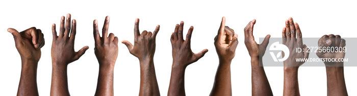 Gesturing hands of African-American men on white background