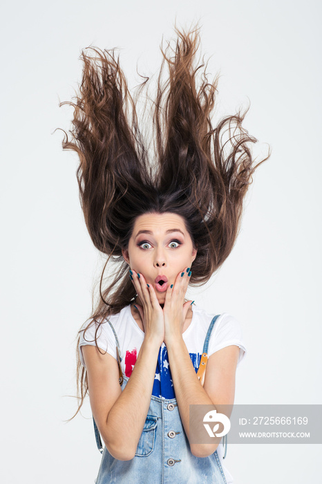 Beautiful woman with hair up in the air