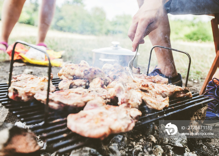 Grilled Meat , summer picnic , cooking food outdoor