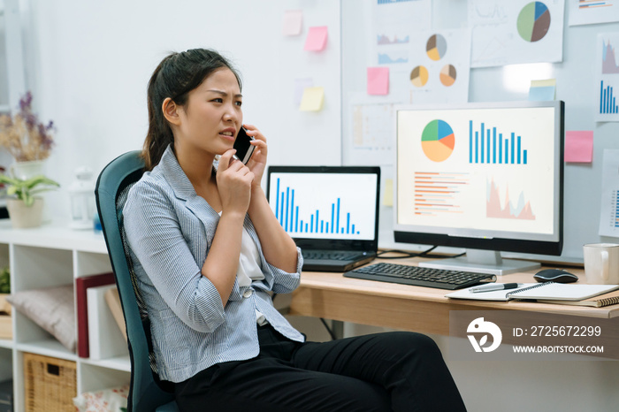 Portrait of young pretty asian chinese businesswoman wearing smart casual while sitting at home offi