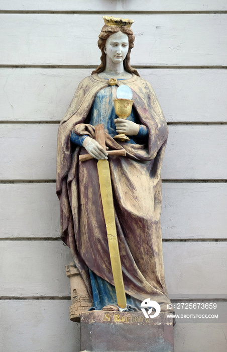 Saint Barbara, statue on house facade in Zagreb, Croatia