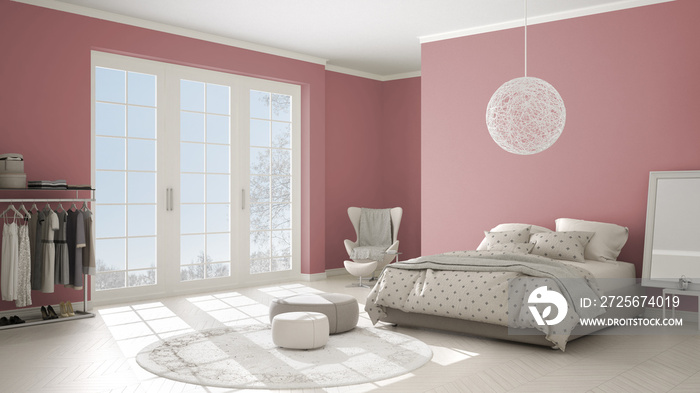 彩色现代粉色和米色卧室，木质镶木地板，冬季景观全景窗