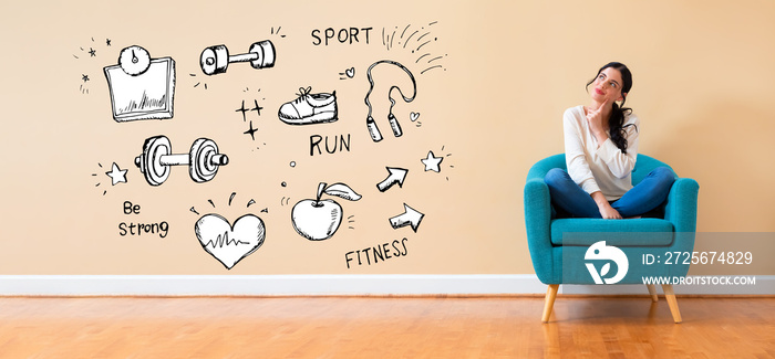 Fitness and diet with woman in a thoughtful pose in a chair