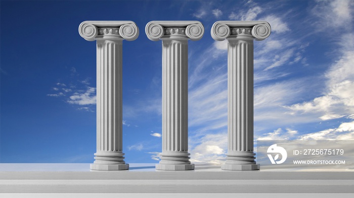 三根古老的柱子，背景是蓝天。