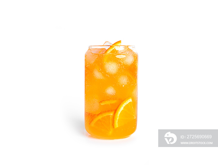 Orange drink with orange slices and ice in a glass isolated on a white background.