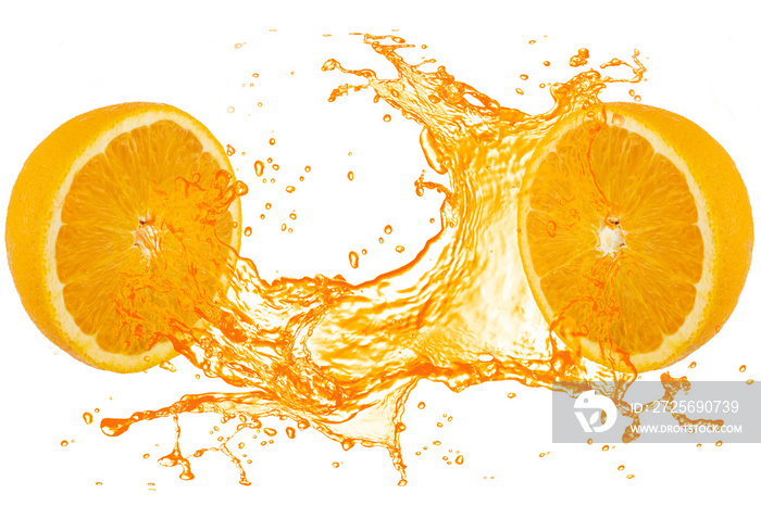 Orange juice splash with 2 half orange isolated on white back ground.