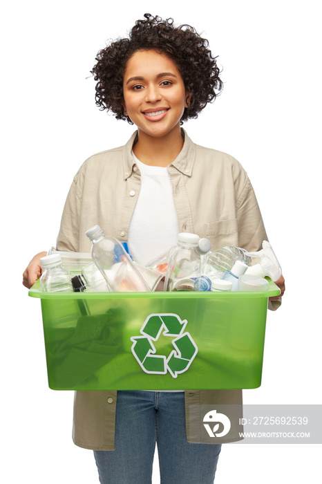 waste sorting and sustainability concept - smiling young african american woman holding plastic box 