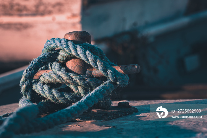 A close up of boat ropes tied up around the cleat of a wooden boat using selective focus