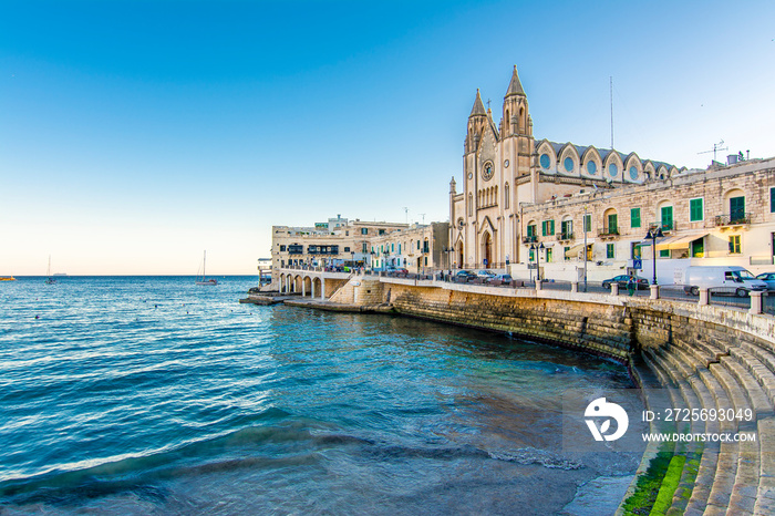 Our Lady of Mount Carmel Church on Balluta Bay in St. Julians, Malta. St Julians is populer tourist