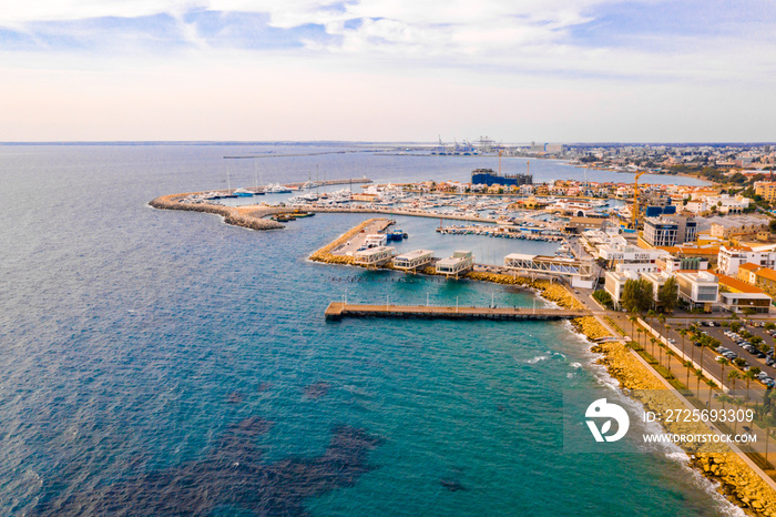 Limassol, Cyprus. Aerial View of Molos Promenade on the Coast of Limassol City in Cyprus, Sunset Tim