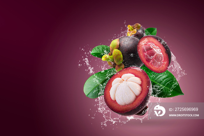Water splashing on Mangosteens Queen of fruits on red background