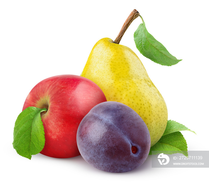 孤立的水果。红色的苹果，黄色的梨和蓝色的李子孤立在白色的背景上