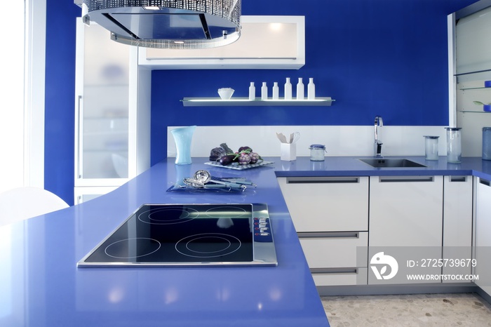 蓝白厨房现代室内设计的房子