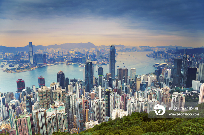 香港。从太平山顶俯瞰香港的天际线。