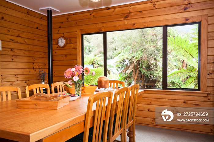 Interior detail of wooden lodge dining room