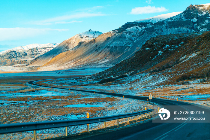 breathtaking winter landscape of Iceland. View from the road. Unusual beauty of nature