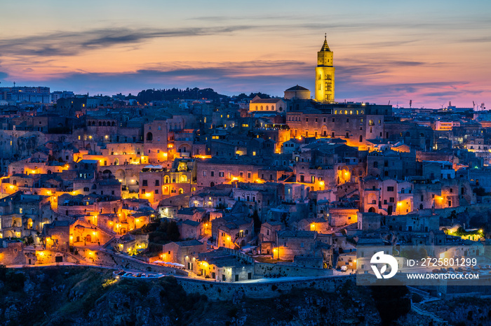 Aerial shot of Sassi di Matera at sunset