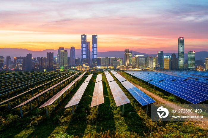 Photovoltaic and modern urban night scenes, Beijing, China.