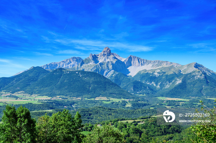 Panoramic view on Grande tete de Obiou mountain range in French Prealps in Isere, highest peak of De